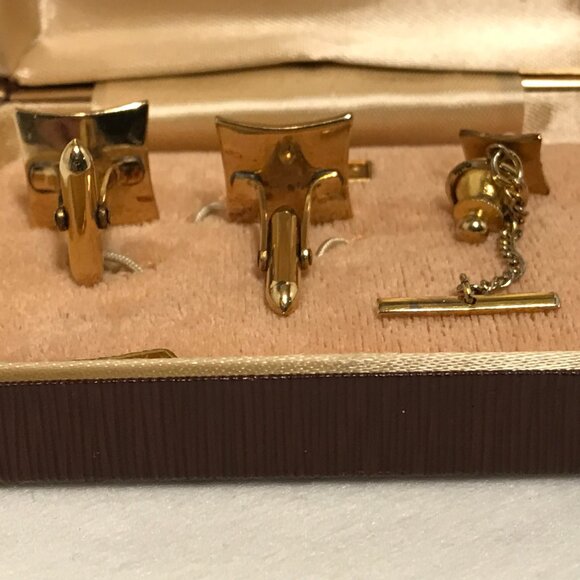 Vintage 1/20 14K G.F. Cufflinks and Tie Pin Hand Engine Turned Cultured Pearl - Picture 7 of 9